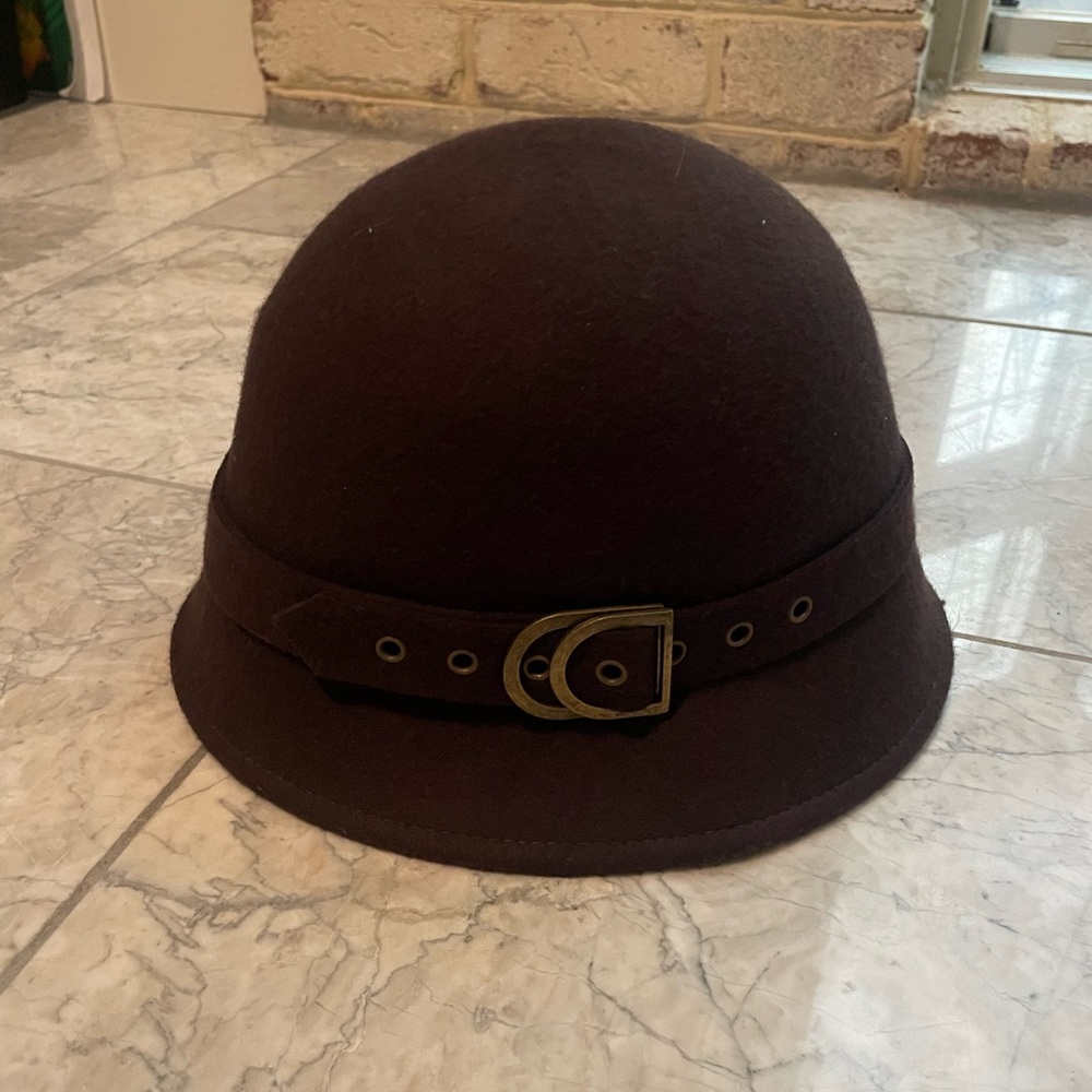 Chocolate Brown Wool Cloche Hat with Brass Buckle
